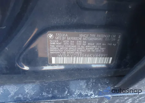 2006 BMW 330Xi z USA, uszkodzony, nr VIN WBAVD33546KV64991